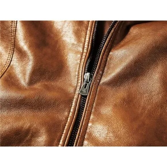 Men's Stand Collar Leather Jacket Motorcycle Lightweight Faux Leather, Brown - Picture 4 of 7
